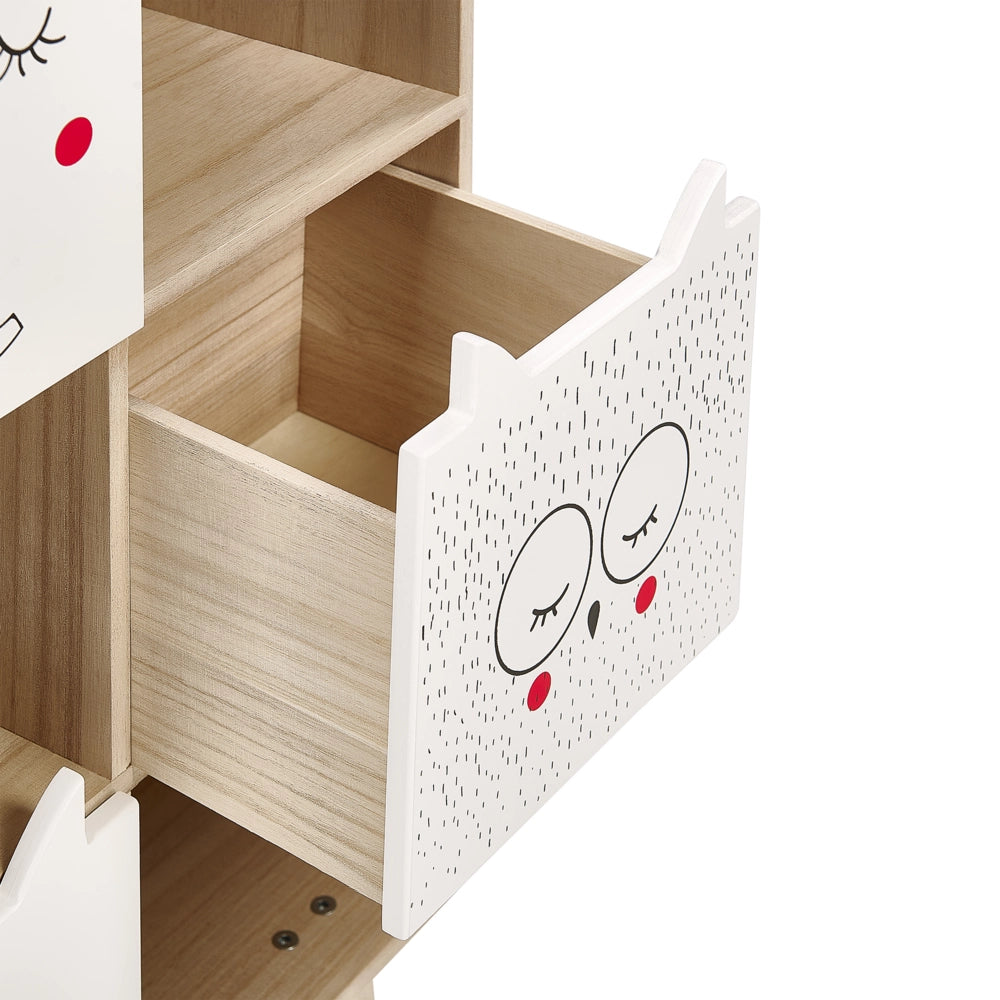 Libreria a 4 livelli in legno chiaro e MDF bianco Cassetti scaffali