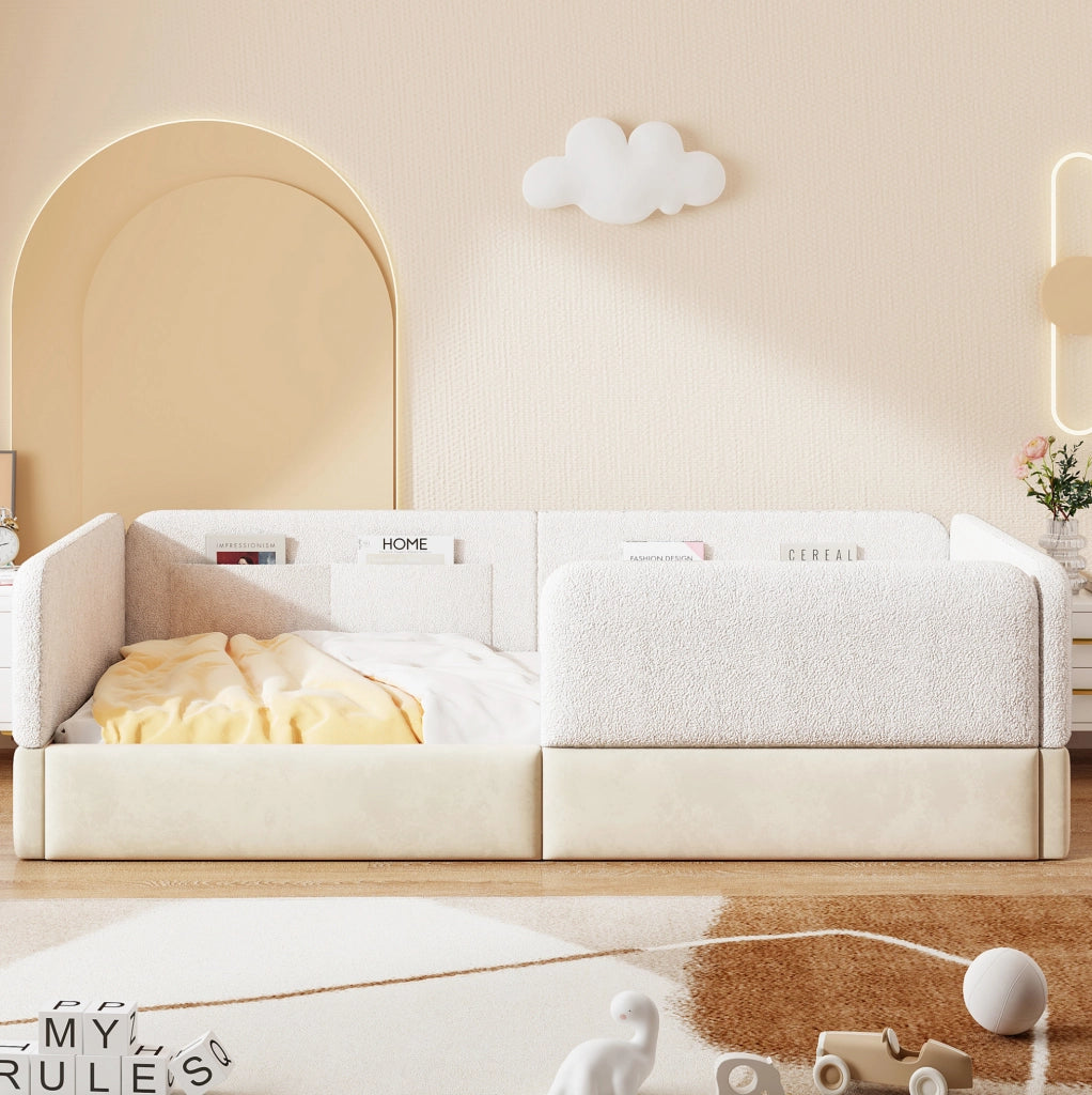 Letto piattaforma imbottito 90x200 cm con spondine e tasche portaoggetti; bianco