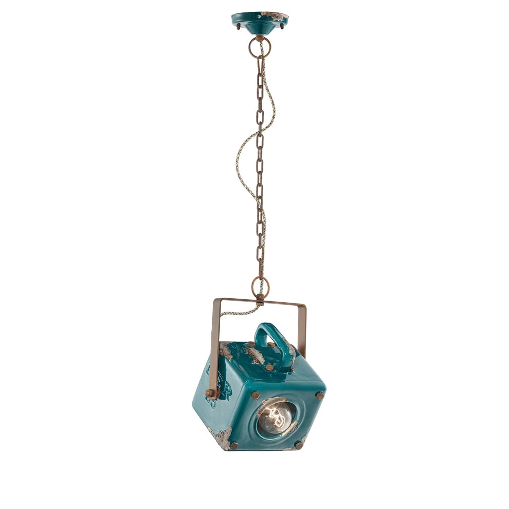 Lampadario Vintage Industrial Cubica Ferro E Ceramica Verde 1 Luce E27