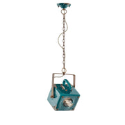 Lampadario Vintage Industrial Cubica Ferro E Ceramica Verde 1 Luce E27