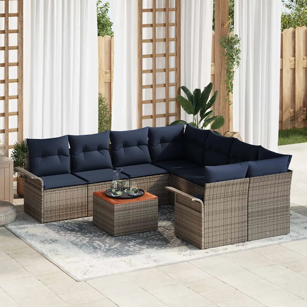 Set Divano da Giardino 9 pcs Grigio e Blu Navy polyrattan 3355980
