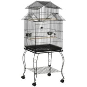 Gabbia per Uccelli da Interni in Legno con Vassoio, 4 Ruote e Trespolo, 50x49x137cm