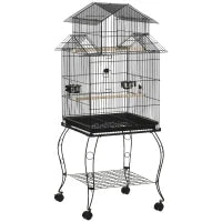 Gabbia per Uccelli da Interni in Legno con Vassoio, 4 Ruote e Trespolo, 50x49x137cm