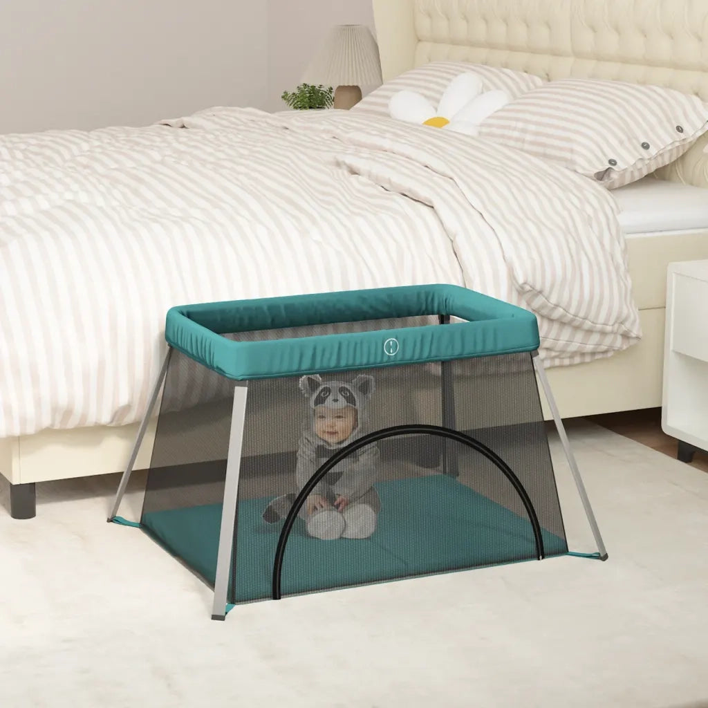 Box per Bambini con Materasso Verde Tessuto di Lino cod mxl 69878