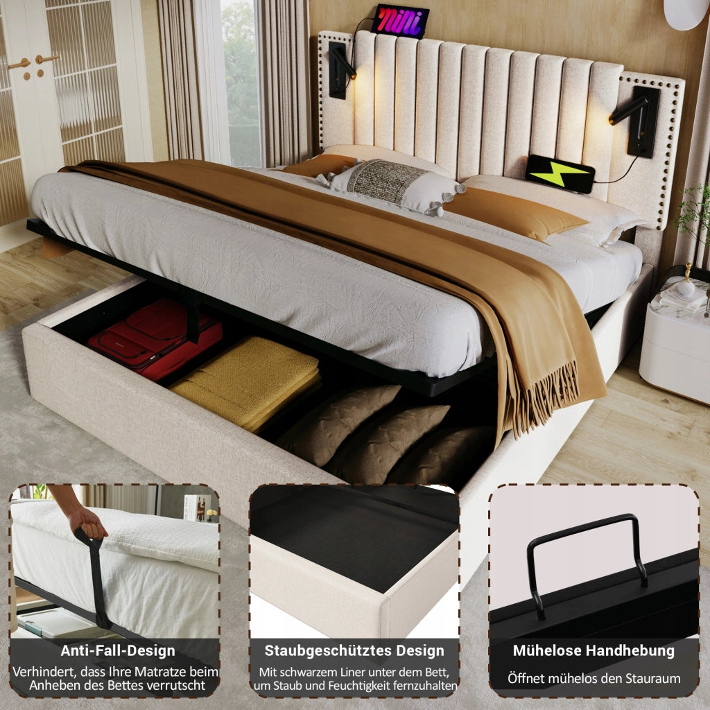 Letto imbottito con contenitore e luce - Xylo - 180x200 - Beige