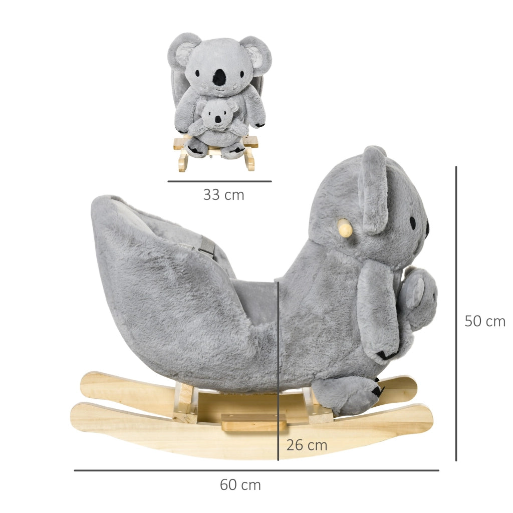 EasyComfort Cavallo a Dondolo Koala in Peluche Imbottita con Suoni, Cintura di sicurezza e Base in Legno, 60x33x50cm, Grigio