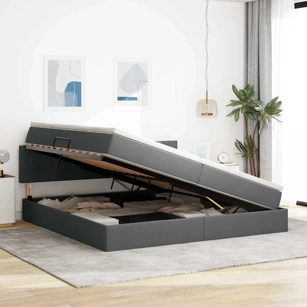 Letto con contenitore e LED Grigio scuro 200 x 200 cm Tessuto