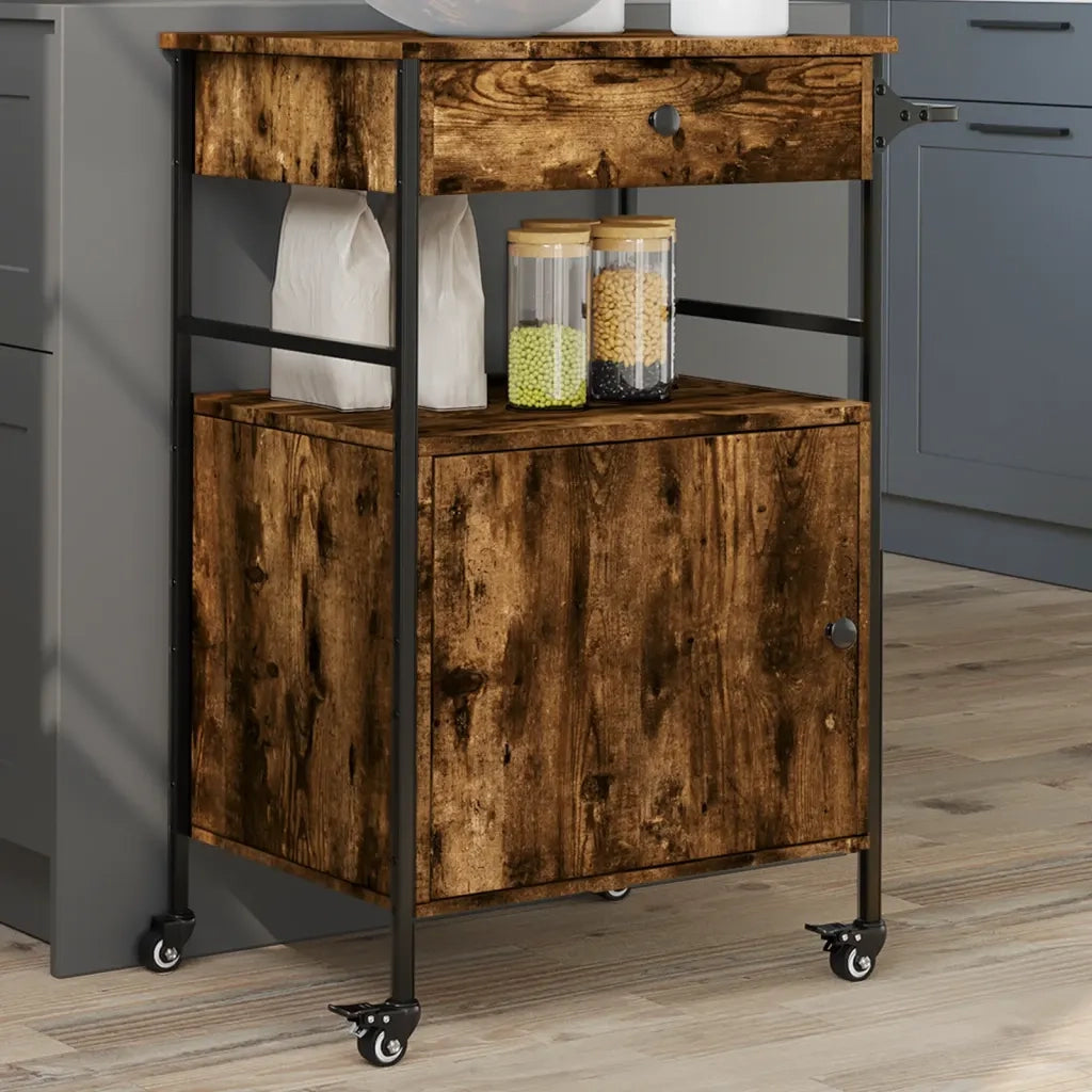Carrello da Cucina-Scaffale per Cucina Rovere Fumo 56x43x89,5 cm Legno Multistrato