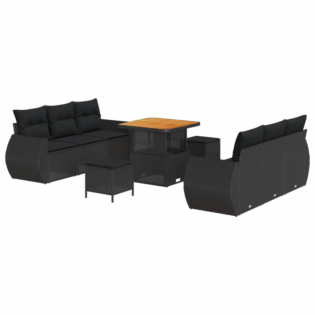 Set Divano da Giardino con cuscino 9 pcs Nero polyrattan