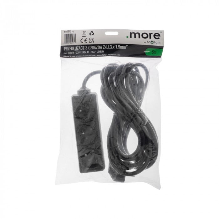 Prolunga elettrica 3 prese 5 m con terra nera Ecolight