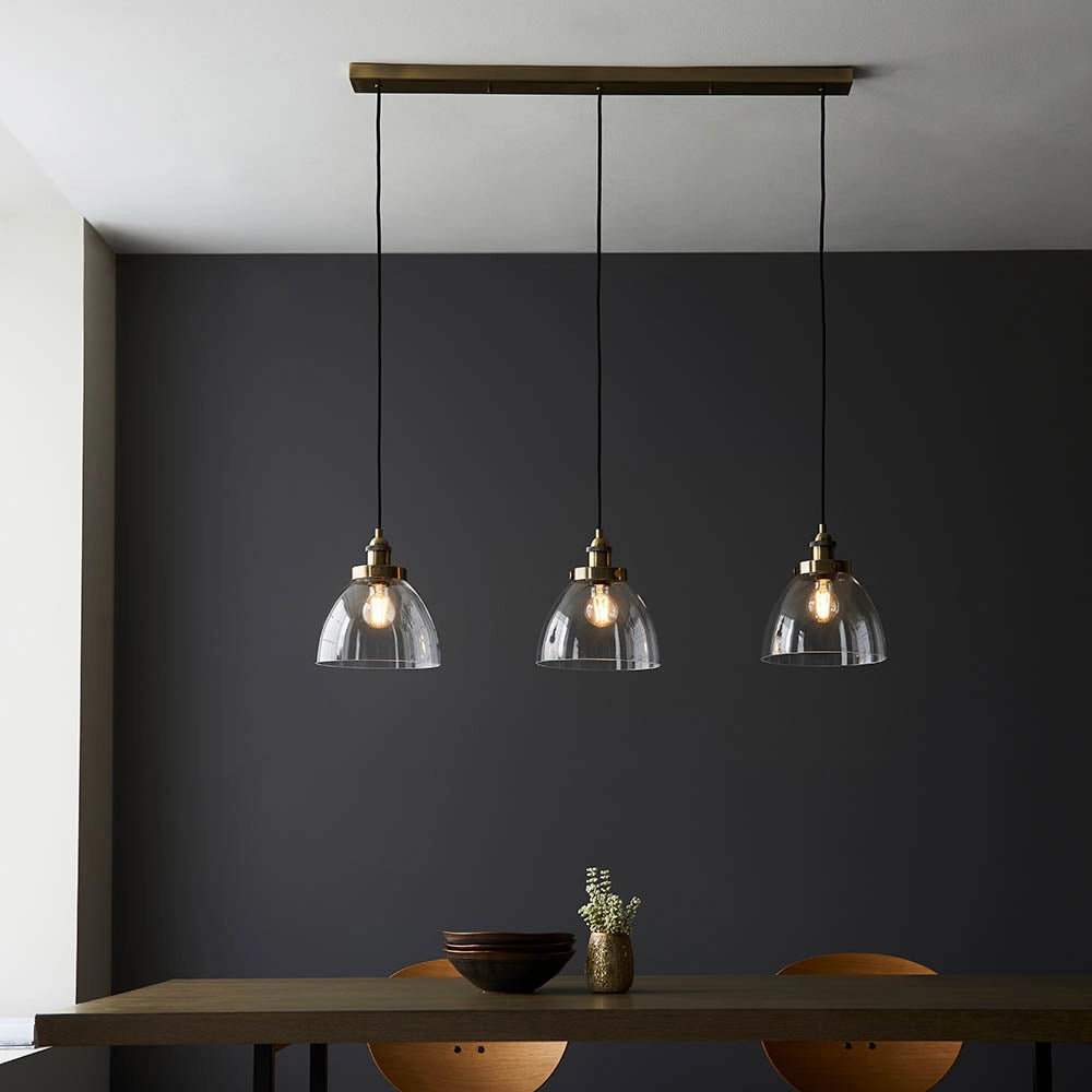 Lampada a sospensione industriale ottone anticato vetro 3xE27