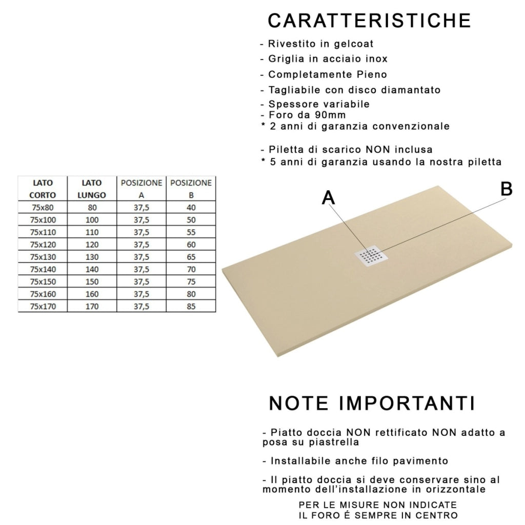 Piatto doccia in marmo resina effetto pietra con foro centrale grigio scuro chic, misura 80x130