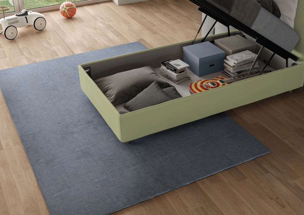 BS COM Letto singolo contenitore imbottito 90x190 microfibra tè verde