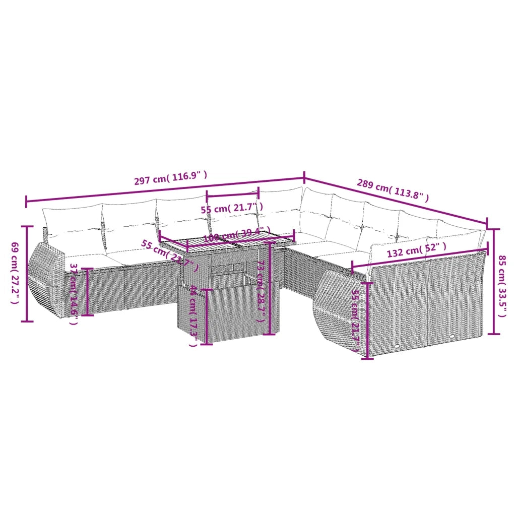 Set Divani da Giardino 11 pz con Cuscini Beige in Polyrattan