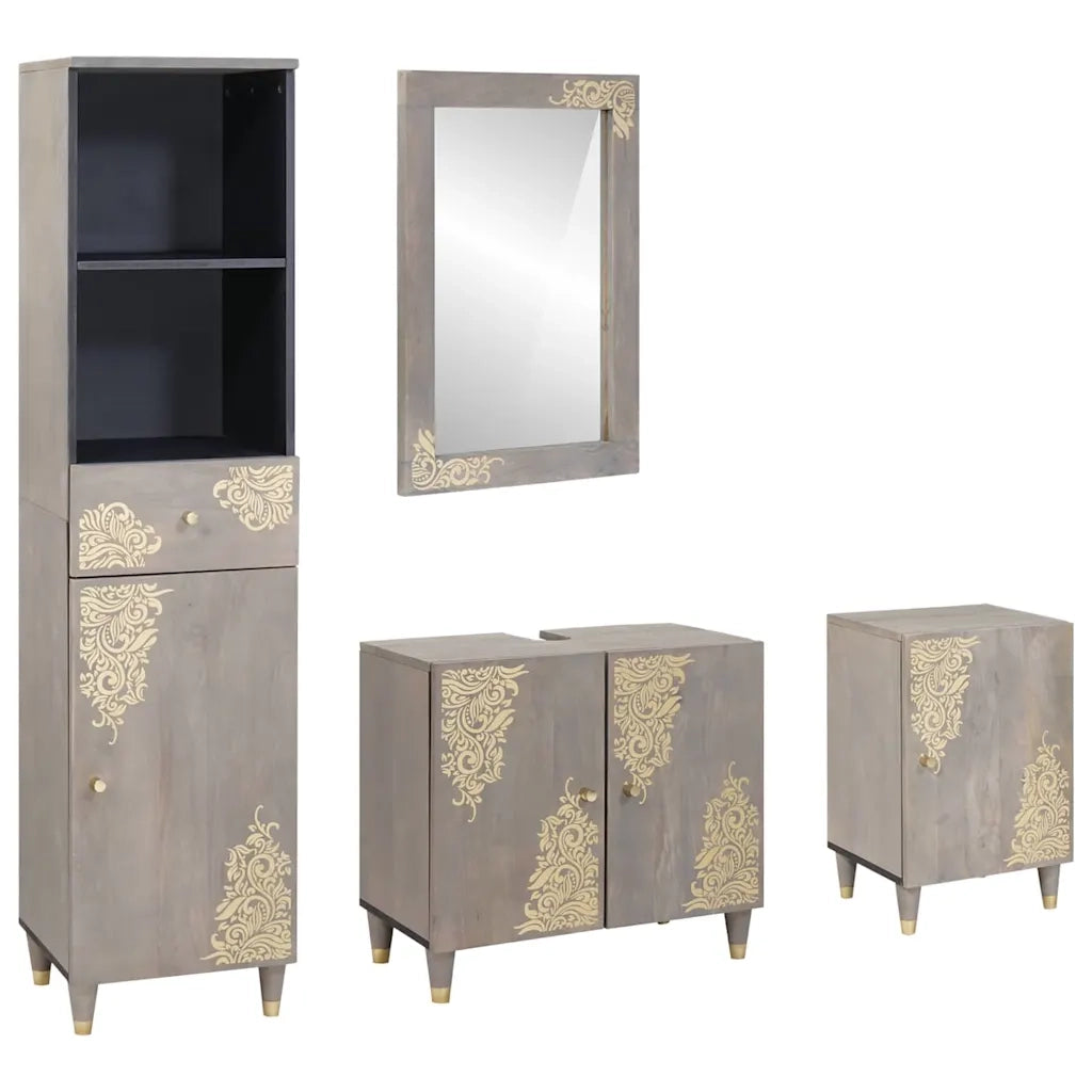 Set di Armadi da Bagno 4 pcs Grigio Legno di mango massello