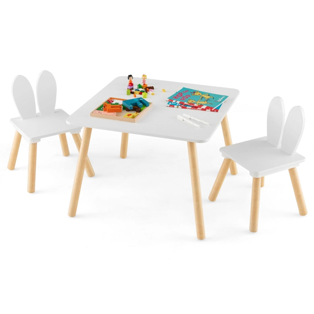 Set tavolo sedie per bambini 3 pezzi per arte, Tavolo e 2 sedie a coniglio gambe in legno massiccio Bianco