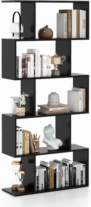 Scaffale a 5 Ripiani in Legno, Libreria Geometrica a Forma di S con Dispositivo Antiribaltamento, per Soggiorno Ufficio Camera da Letto, 70 x 23,5 x 158 cm (nero)