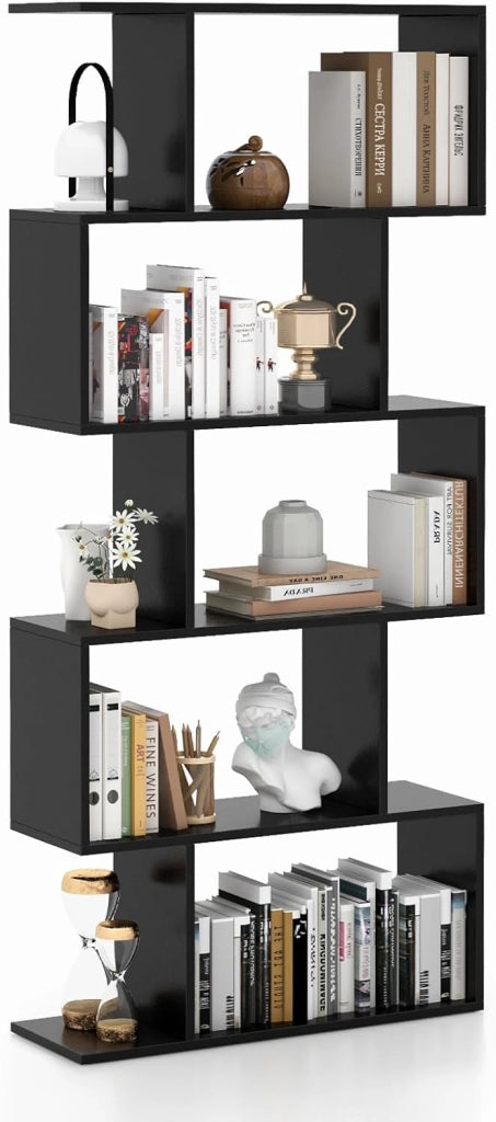 Scaffale a 5 Ripiani in Legno, Libreria Geometrica a Forma di S con Dispositivo Antiribaltamento, per Soggiorno Ufficio Camera da Letto, 70 x 23,5 x 158 cm (nero)