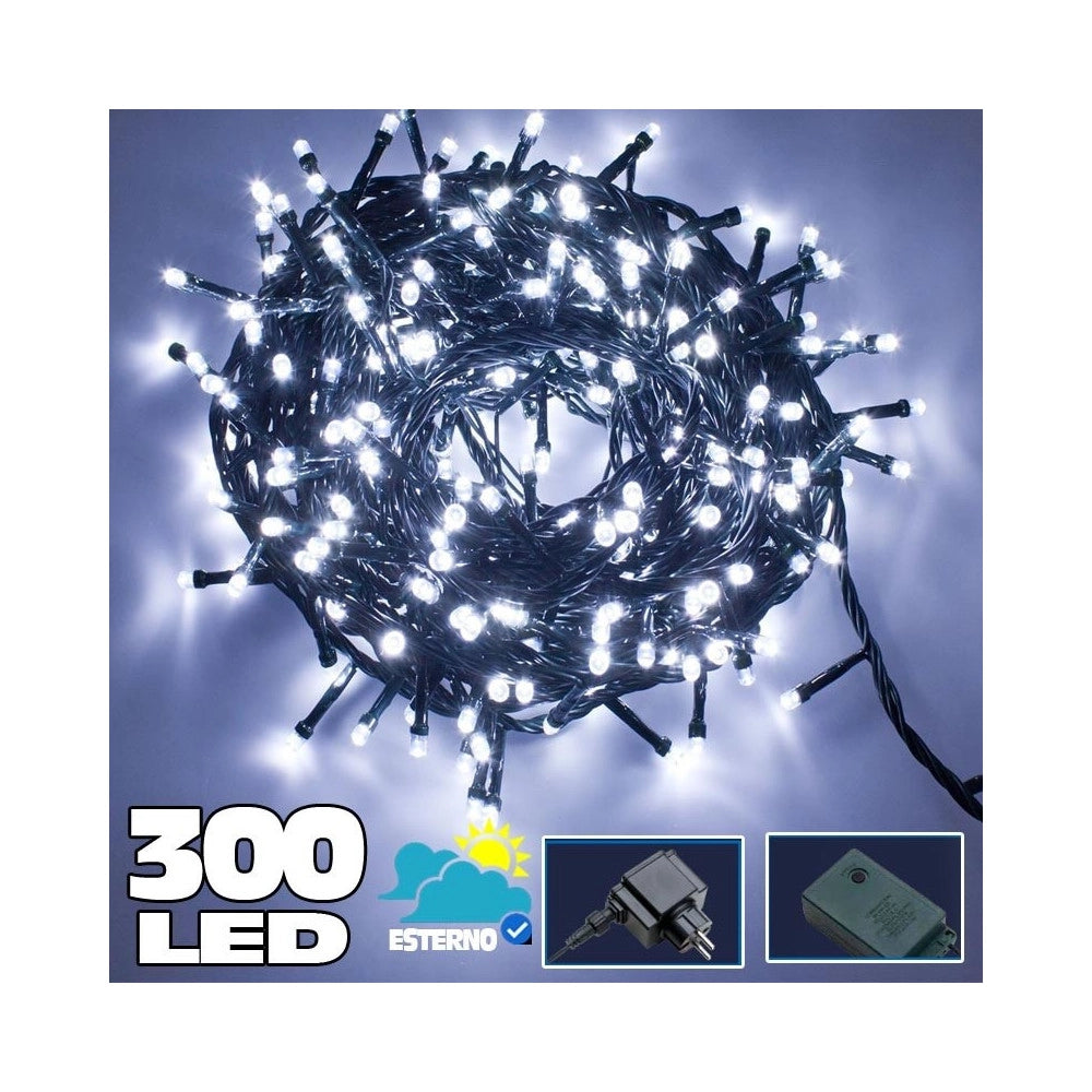 Trade Shop - Catena Luminosa 300 Led Bianco Freddo Uso Interno Con Controller 8 Funz. -
