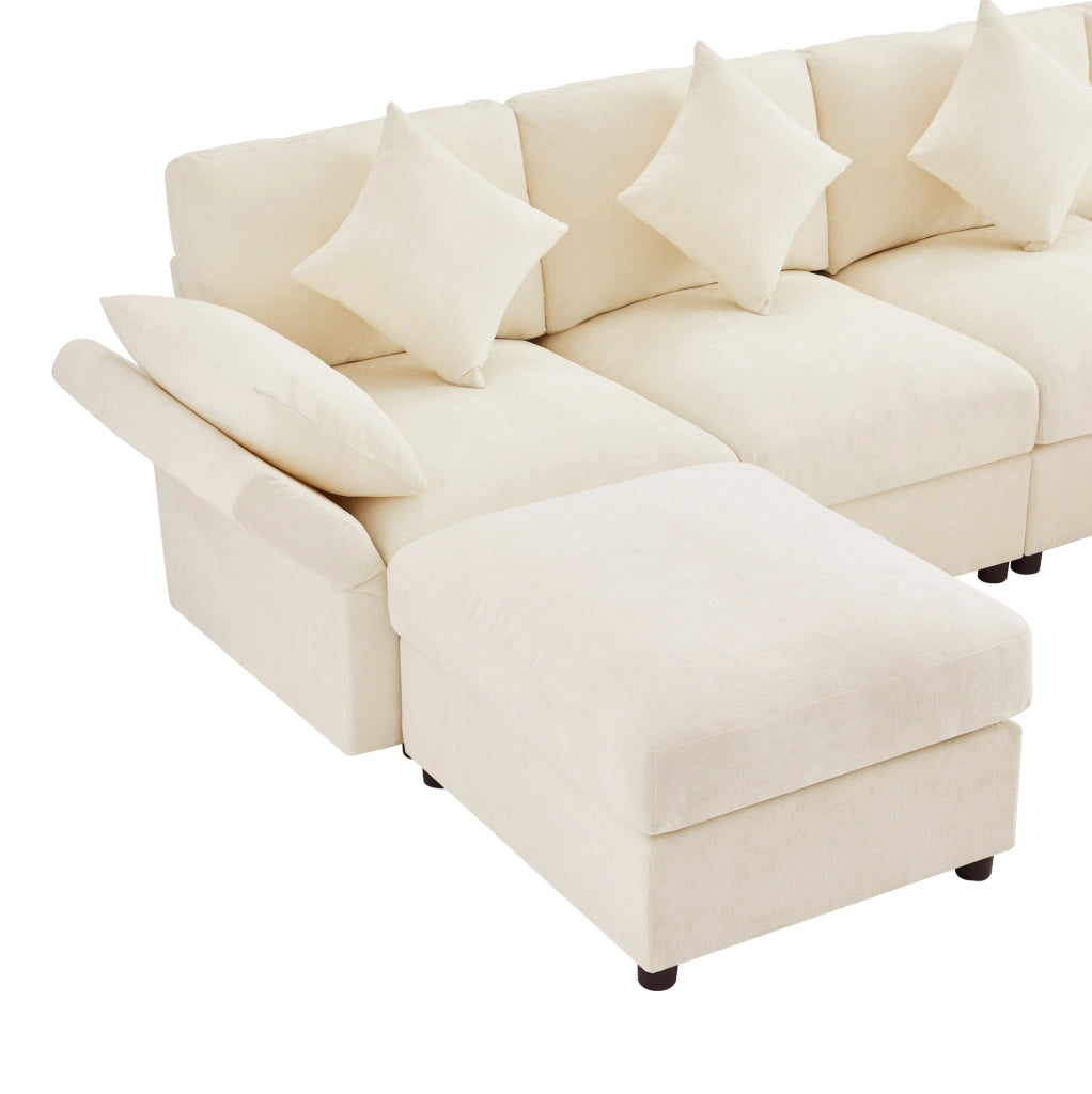 Divano modulare angolare in chenille beige con 2 pouf; braccioli regolabili e 6 cuscini; 284x156;5x86 cm
