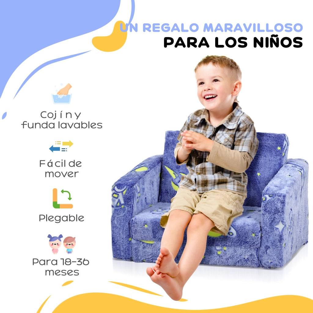Divano letto per bambini 2 posti ¨C Minimal ¨C Tessuto blu con cuscini lavabili