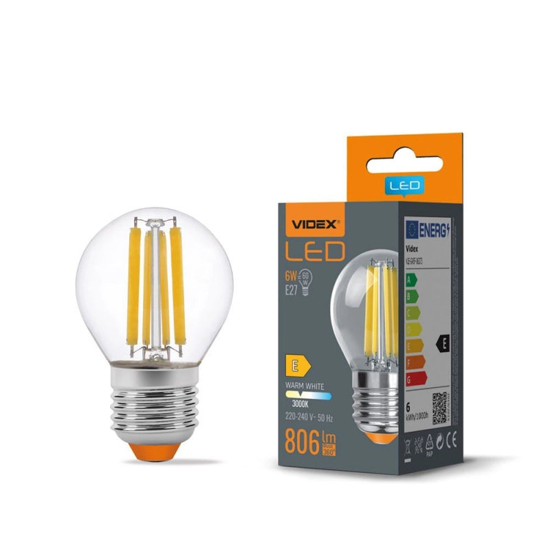 Lampadina LED filamento G45 6W E27 3000K 806lm Videx