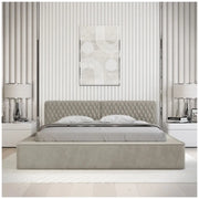 Letto contenitore VERNON – Tessuto bouclé chenille Taupe fumé – 140x200 cm – Rete sollevabile – Design di alta gamma