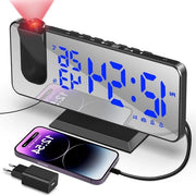 Proiettore con uscita USB e sveglia radio - Altoparlante digitale con due allarmi e display LED 12/24 ore - Proiettore rotativo 180° - 4 livelli di luminosità - Adatto per camera da letto e ufficio