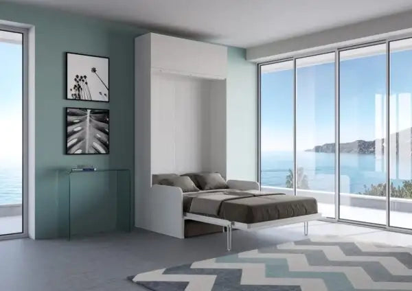 Letto una piazza e mezzo a scomparsa 120 Kentaro con divano e pensile  bianco frassino, grigio