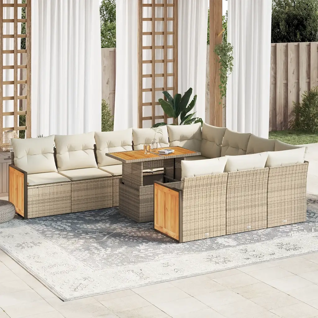 Set Divani da Giardino 11pz con Cuscini Beige Acacia Polyrattan 3327761