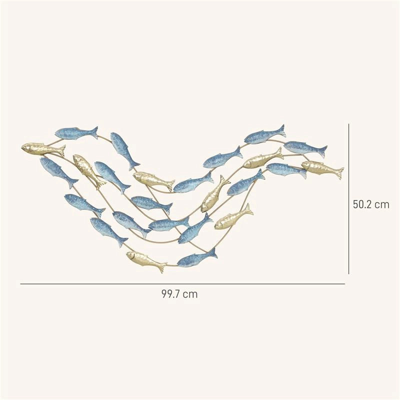 WALL ART BANCO DI PESCI IN METALLO CON VITI INCLUSE, 99.7X3.8X50.2 CM, ORO E BLU