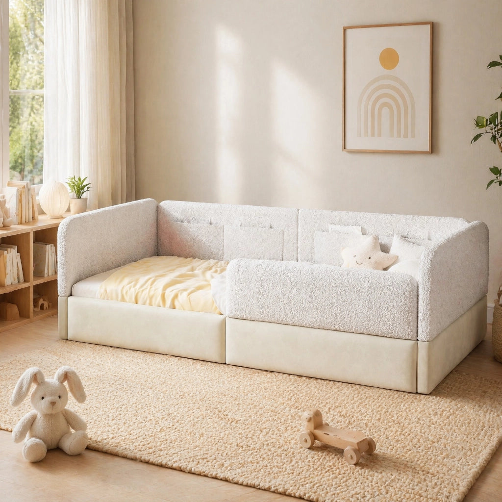 Letto piattaforma imbottito 90x200 cm con spondine e tasche portaoggetti; bianco