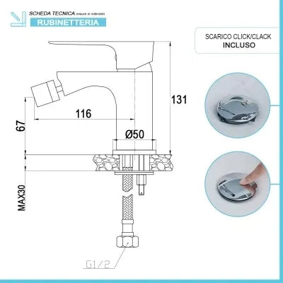 Set miscelatori lavabo bidet e doccia Flat con piletta click clack