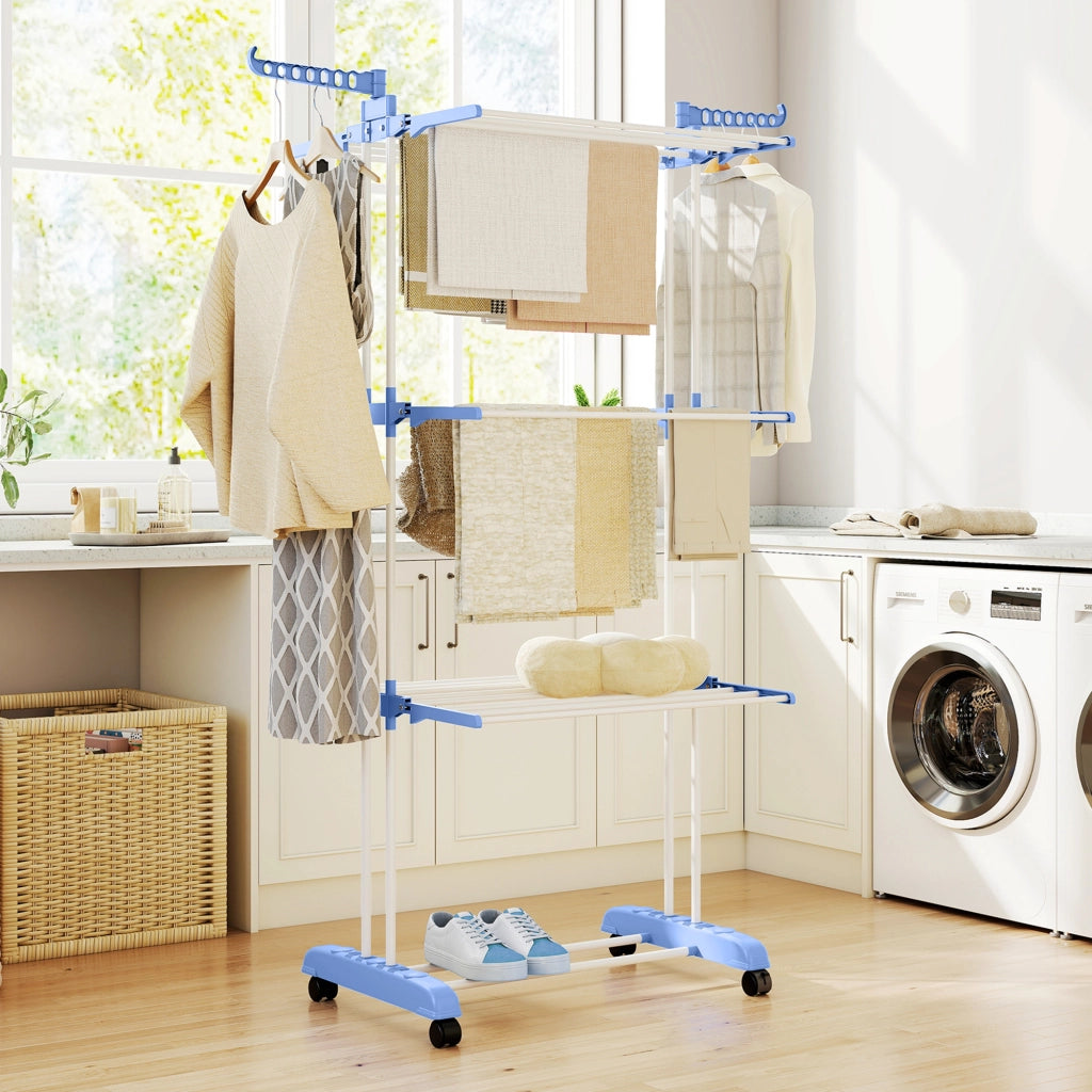 Appendiabiti Pieghevole a 3 Livelli con Ruote ¨C Minimal ¨C Blu e Bianco 73x64x172 cm