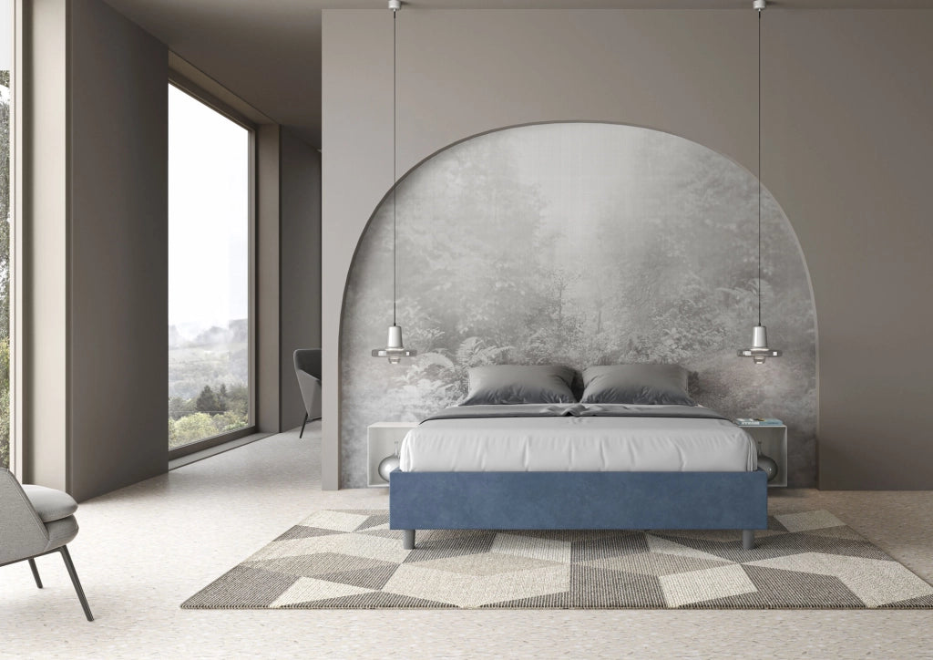 BS COM Letto matrimoniale francese contenitore imbottito 140x190 microfibra blu