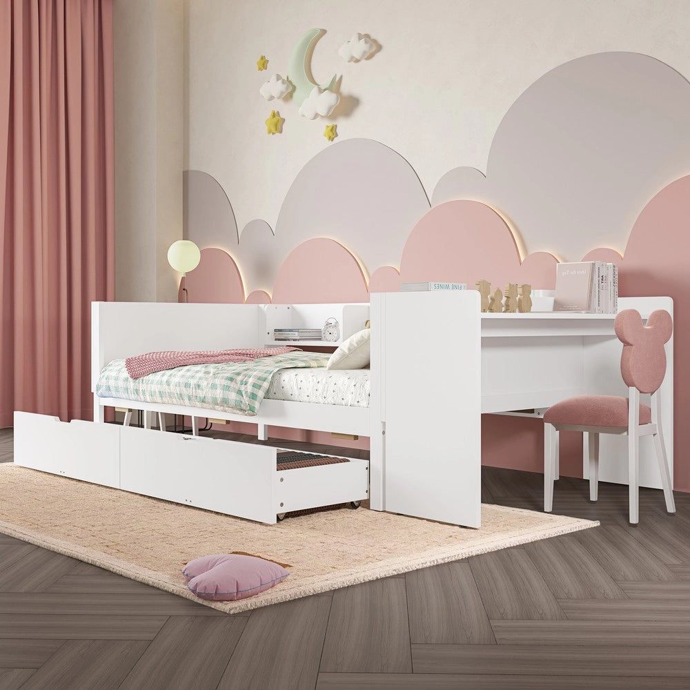 Letto Singolo con Scrivania e Cassetti ¨C MINIMAL ¨C Pino e Multistrato, Bianco, 90x200