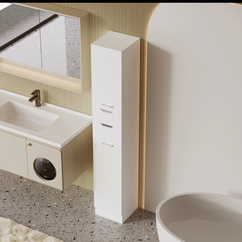 Armadio da bagno in legno bianco, colonna a scaffali, pratico e capiente, stile loft, 180 cm