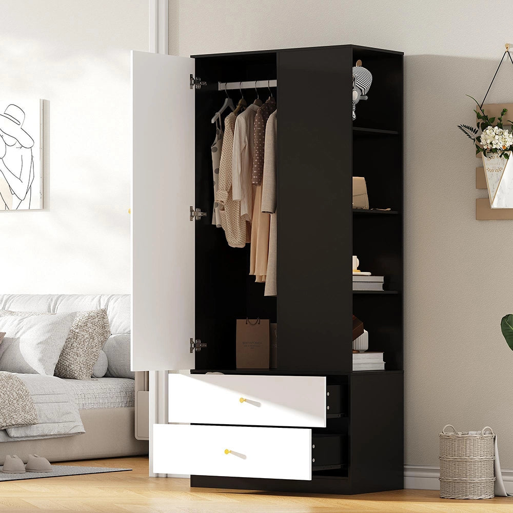 Armadio con specchio e porta - Xylo - 80x40x180 cm - Bianco e nero - 2 cassetti e 4 ripiani