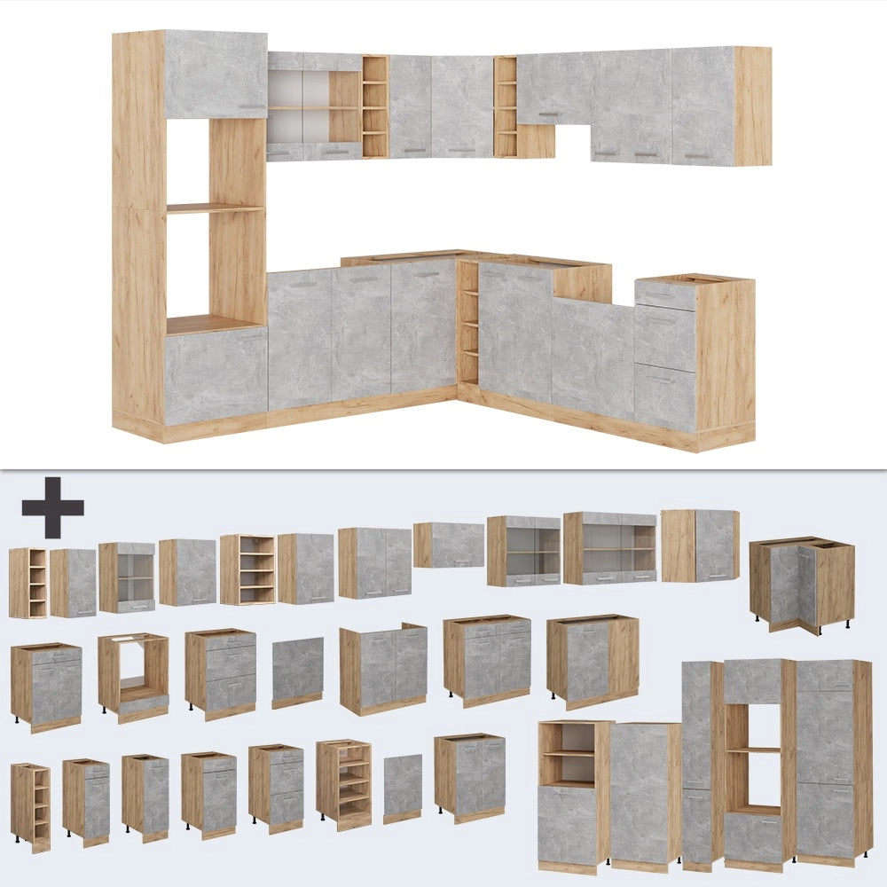 Cucina angolare completa R-Line Calcestruzzo/Rovere dorato 247 x 237 cm, PL Rovere Vicco