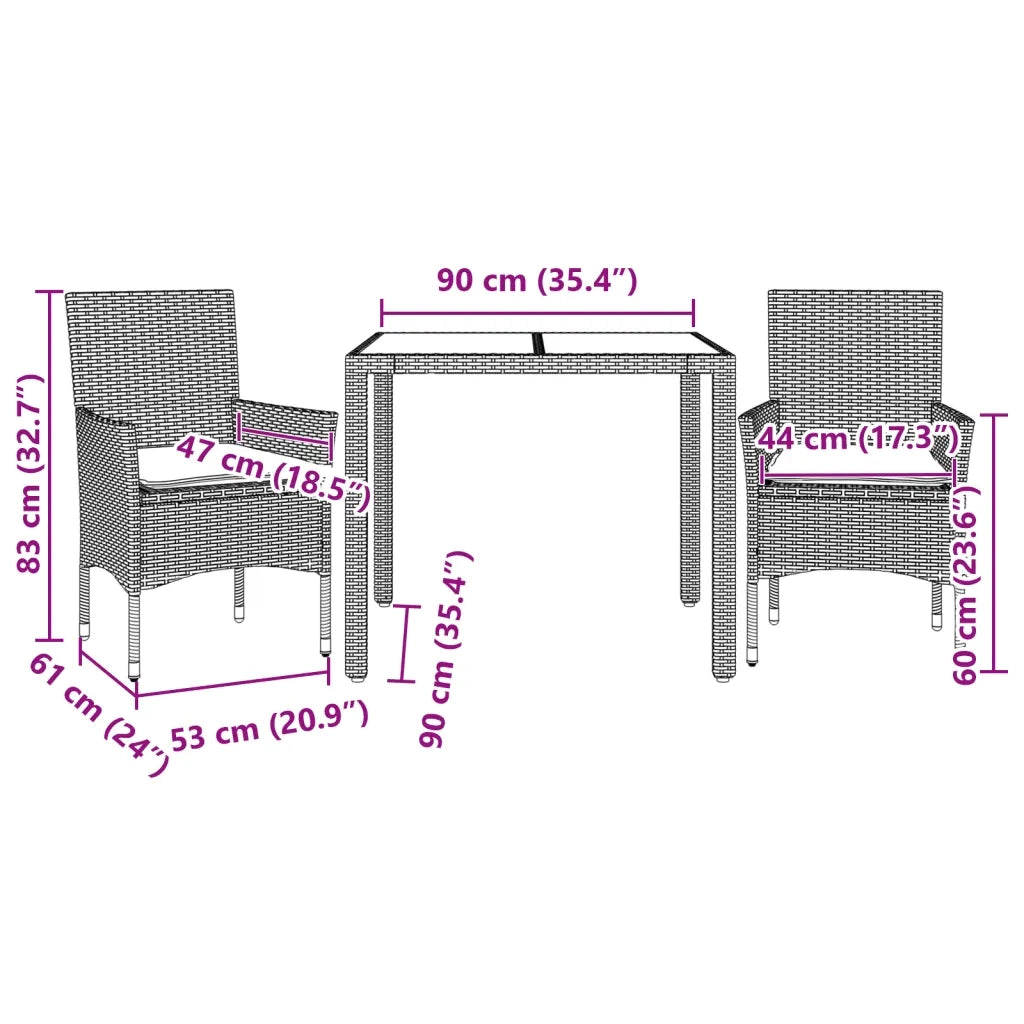 Set da Pranzo da Giardino 3 pz con Cuscini Polyrattan e Vetro