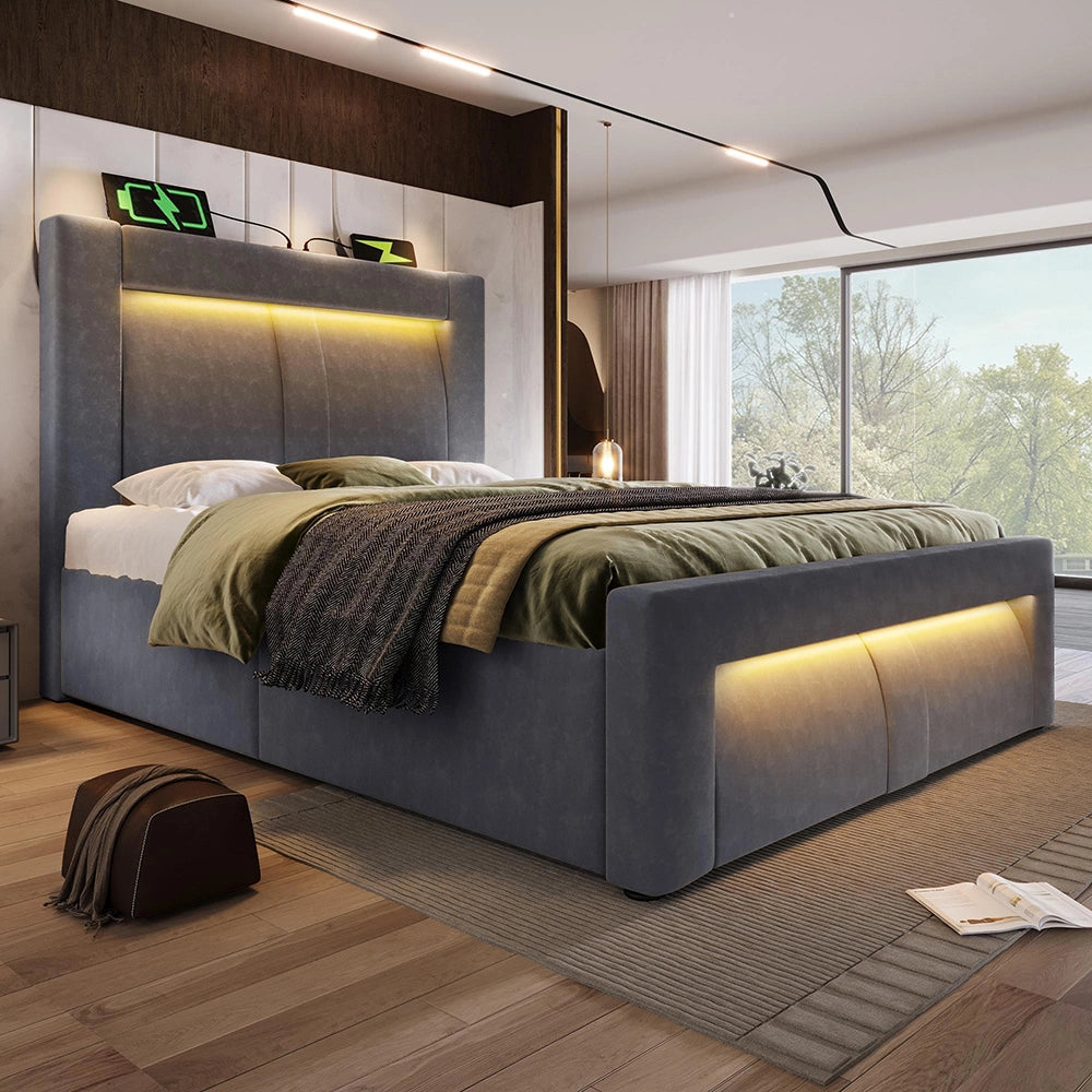 Letto-Xylo-90x200cm idraulico LED USB-C velluto testiera curva grigio