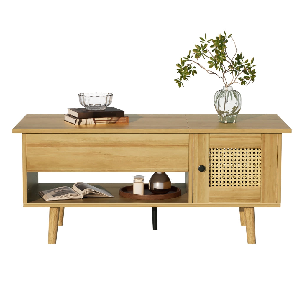 OKWISH Tavolino da Salotto Rettangolare con Piano Sollevabile e 2 Ante Effetto Rattan, per Soggiorno, in Truciolare, 103 x 50 x 46 cm