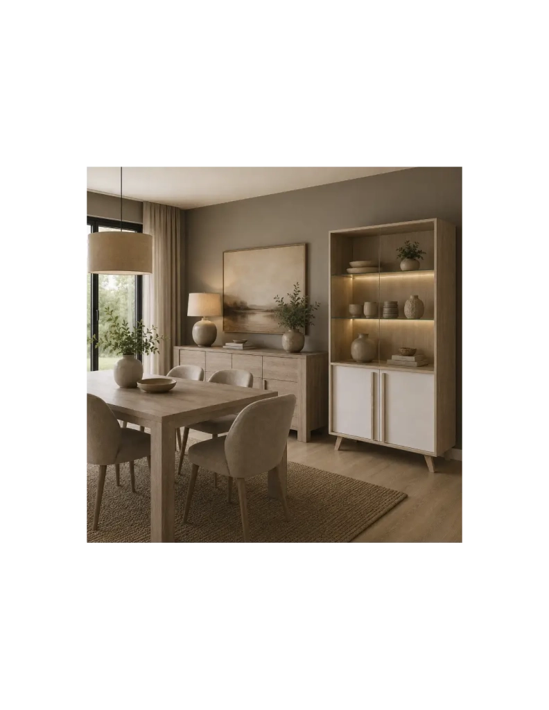 Sala da pranzo completa MALMO con tavolo allungabile e vetrina LED - Rovere chiaro e bianco