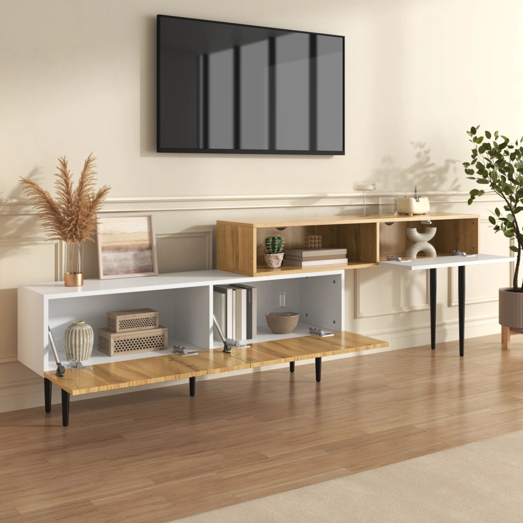 Cassettiera per TV bianca e legno; in MDF e truciolare; lunghezza 240 cm