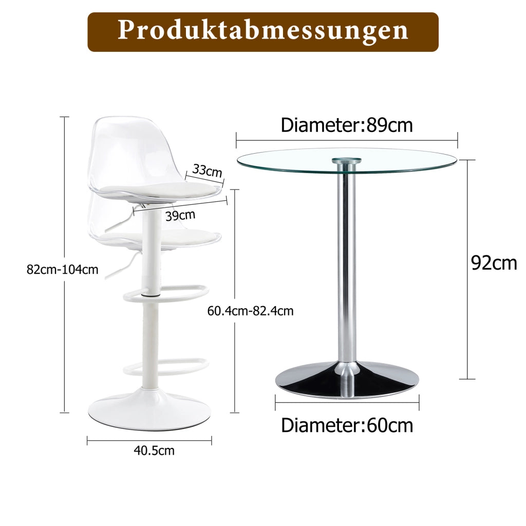 Tavolo da pranzo rotondo in vetro trasparente con 2 sgabelli regolabili, per cucina e bar, diametro 89 cm