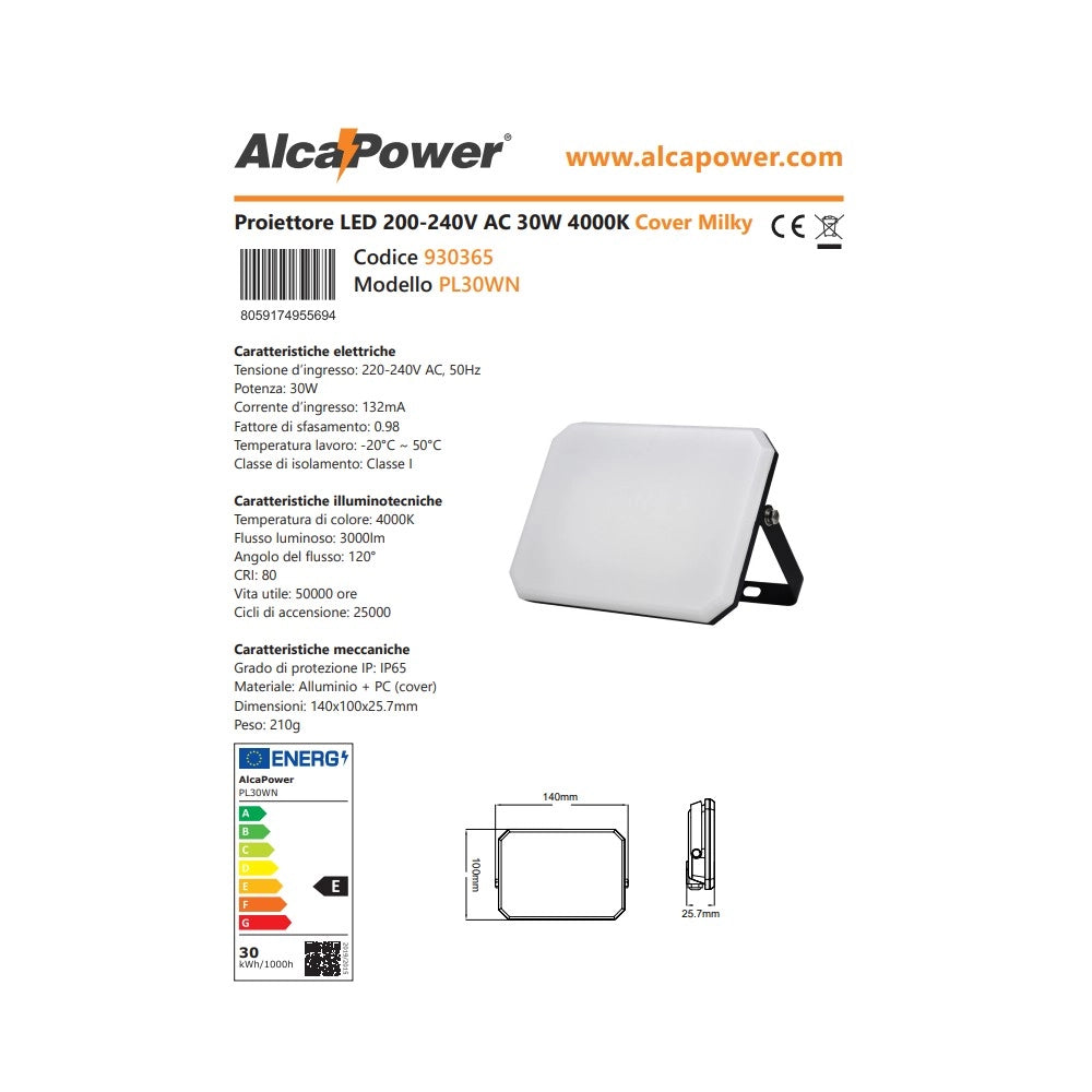 Alca power proiettore led 220-240v da 30w 4000k luce diurna