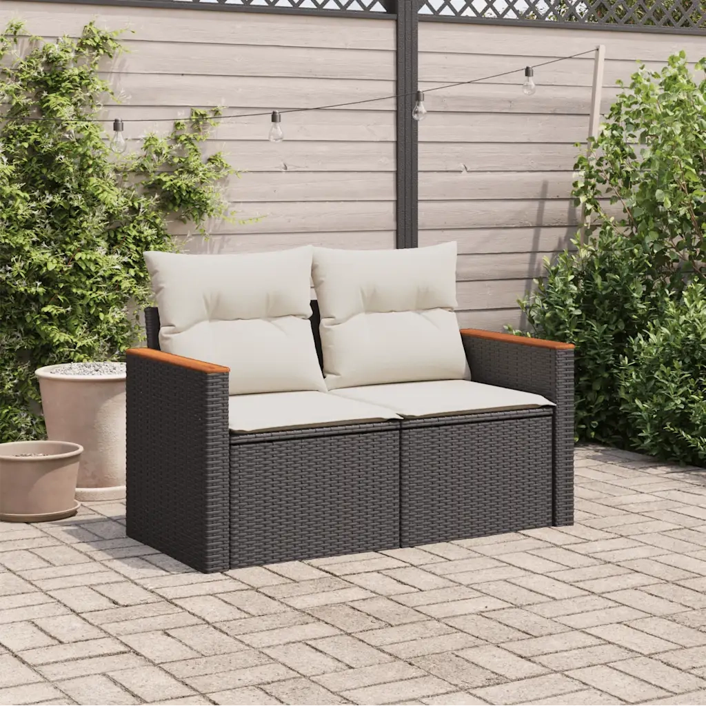 Divano da Giardino con Cuscini a 2 Posti-Sofa da Giardino-Divano da esterno Nero in Polyrattan 216353