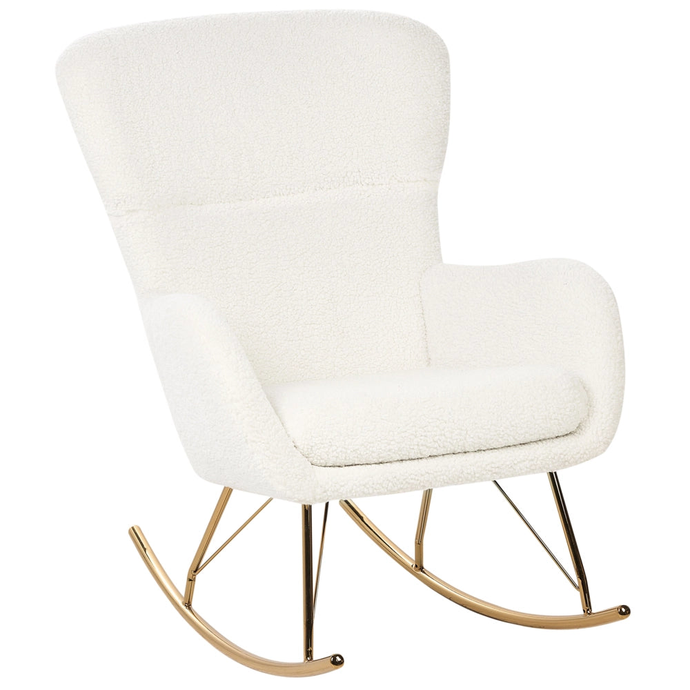 Sedia a dondolo in tessuto poliestere boucle bianco e oro Rivestimento in metallo Gambe a pattini Design tradizionale e retrò