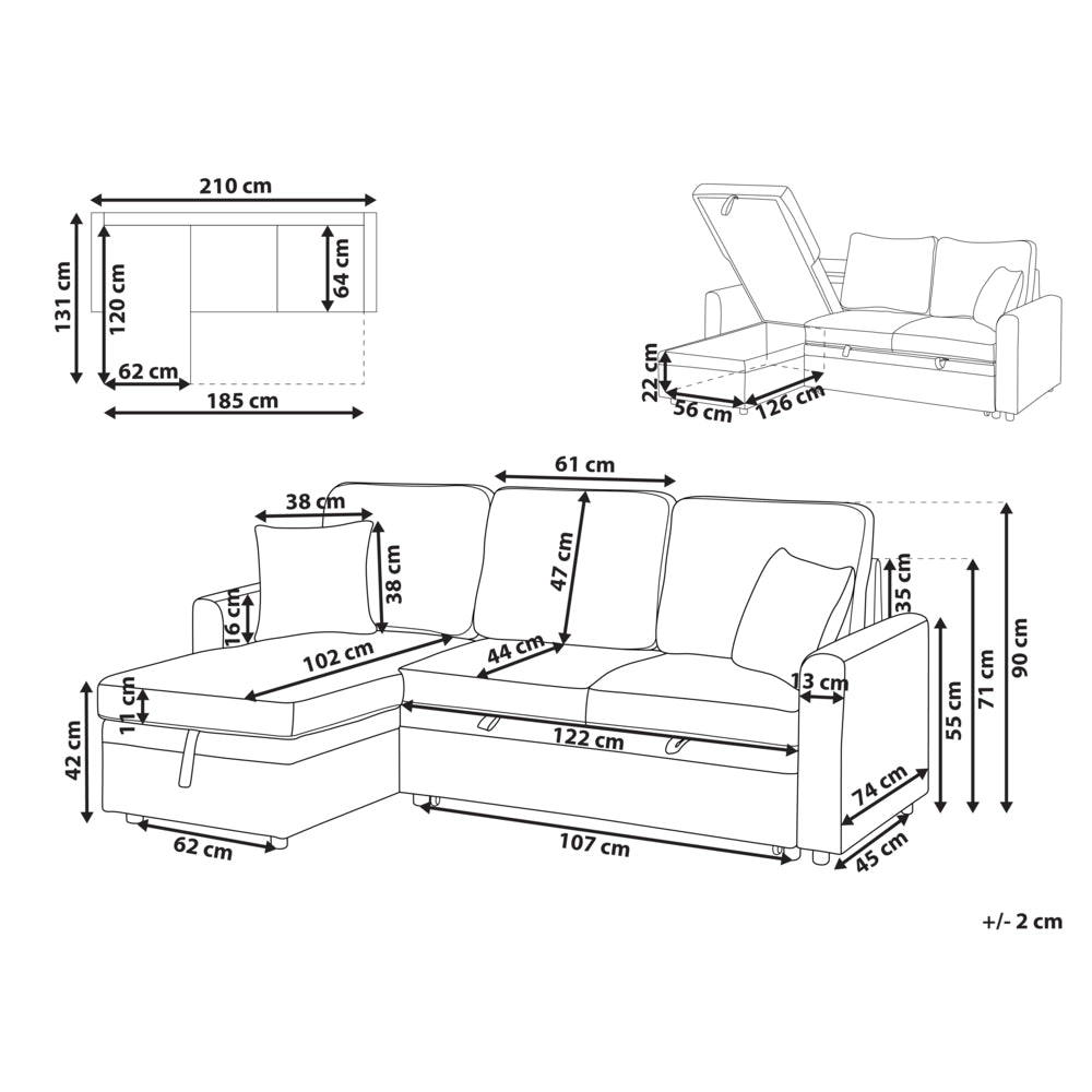 Divano letto angolare con contenitore lato destro marrone chiaro rivestimento in poliestere effetto lino contenitore cuscini design moderno