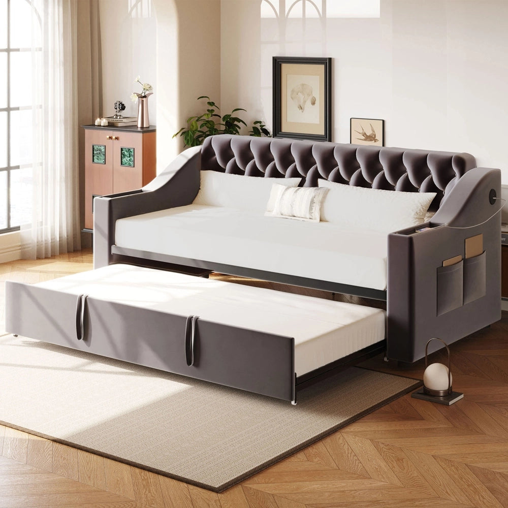Divano letto - Xylo - 90/180x190 cm braccioli USB velluto grigio scuro